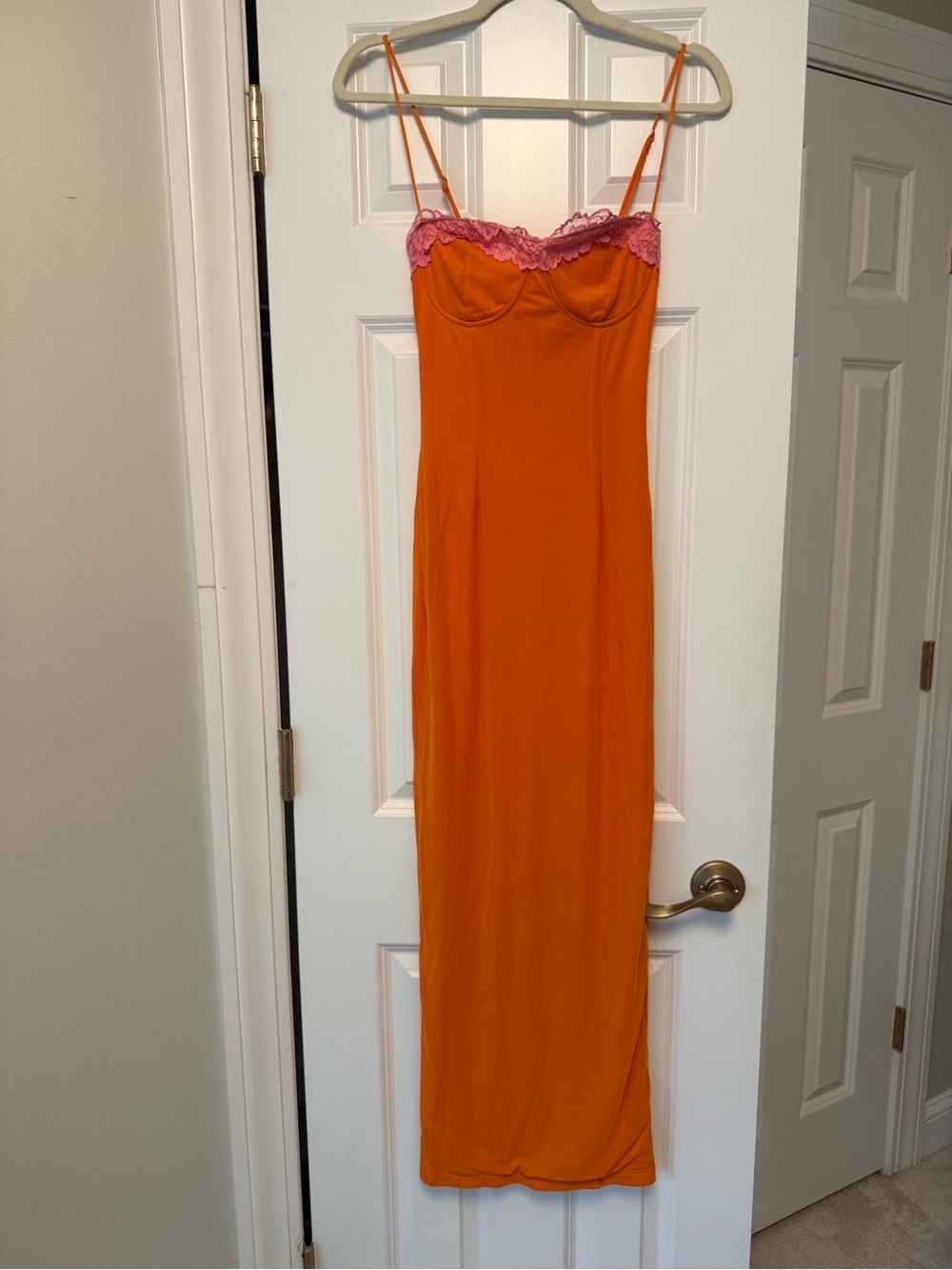 Fashion Nova Orange Slip Dress with Pink Lace Trim